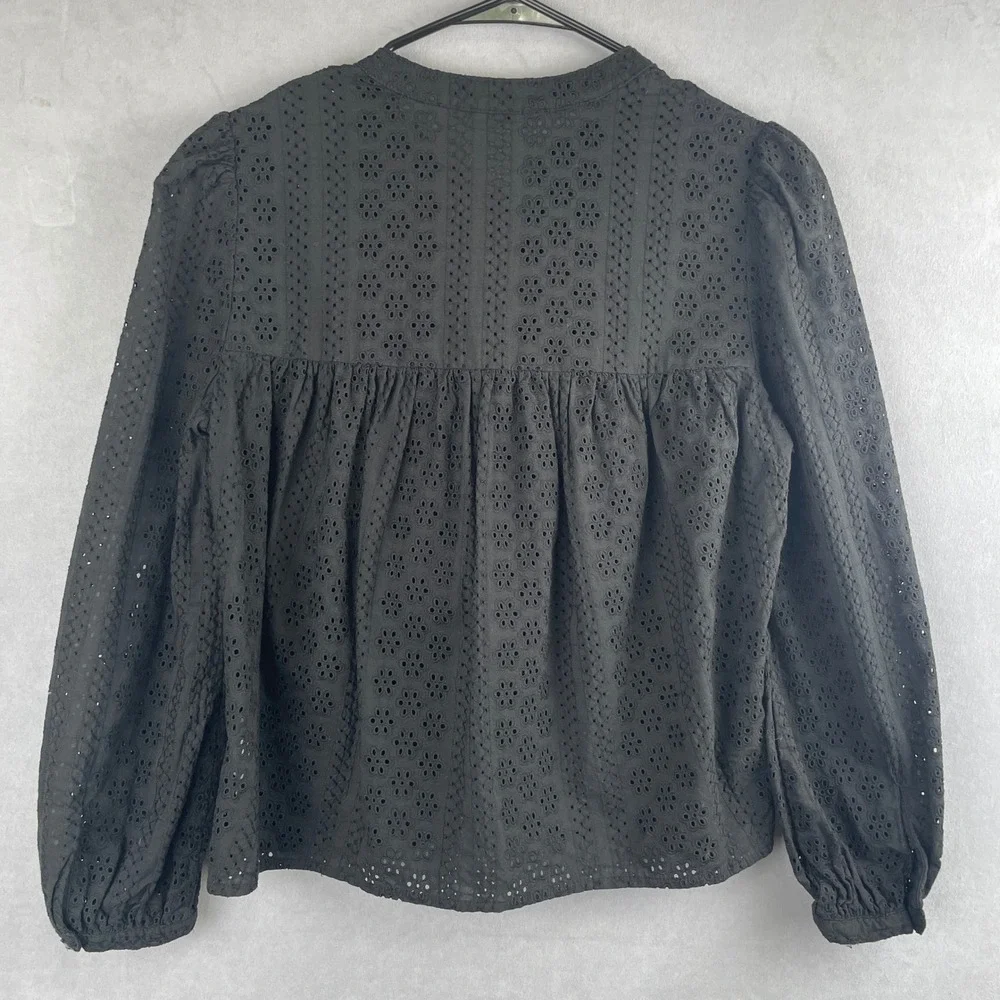 Madewell Black Cotton Victorian Goth Eyelet Tie Neck Long Sleeve Blouse Top S - Picture 2 of 8